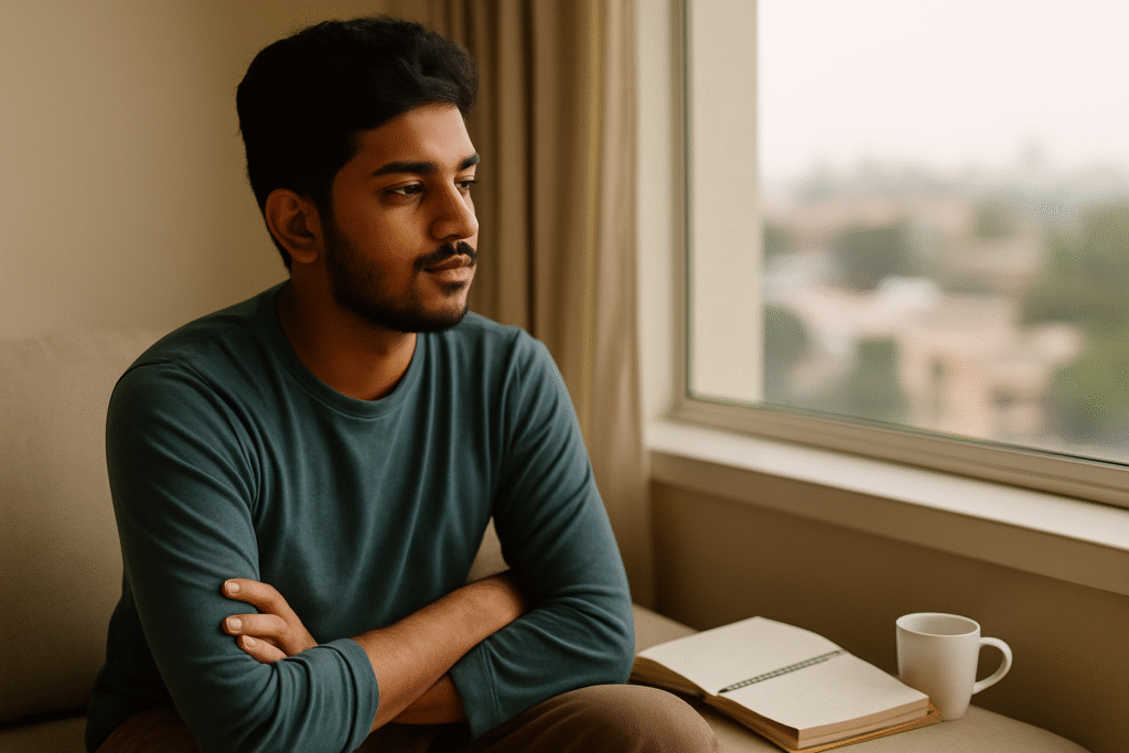 Young Indian man reflecting quietly indoors