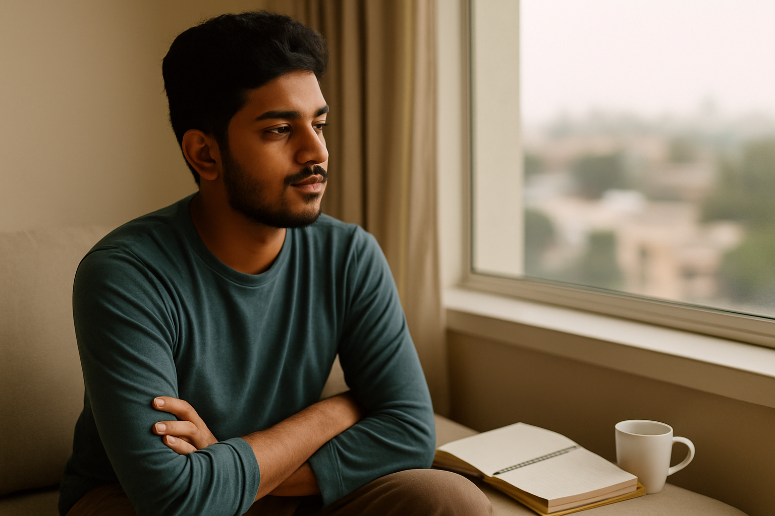 Young Indian man reflecting quietly indoors